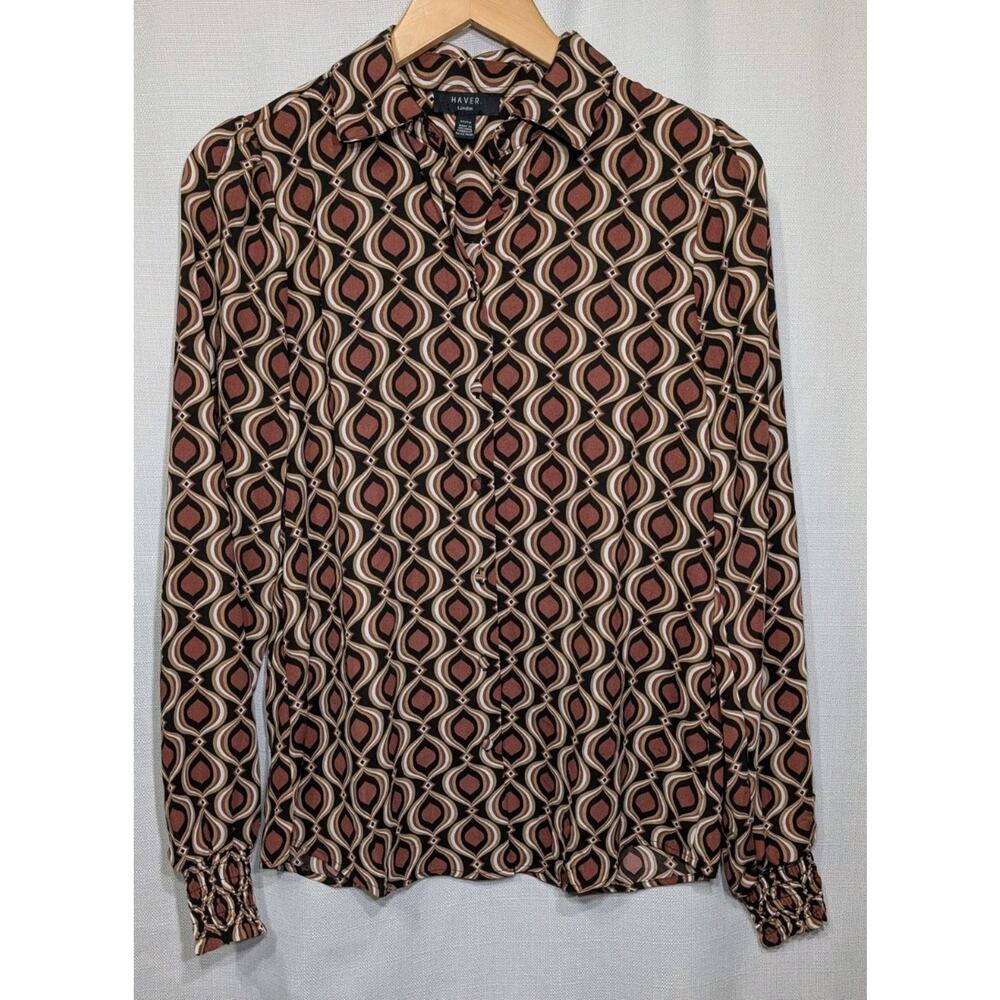 Haver London Retro Geometric‎ Print Button Front Blouse XS Long Sleeve Mod 70s